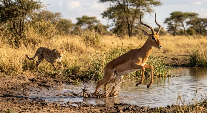 Un impala salta huyendo de un guepardo que lo acecha junto a un abrevadero en la sabana